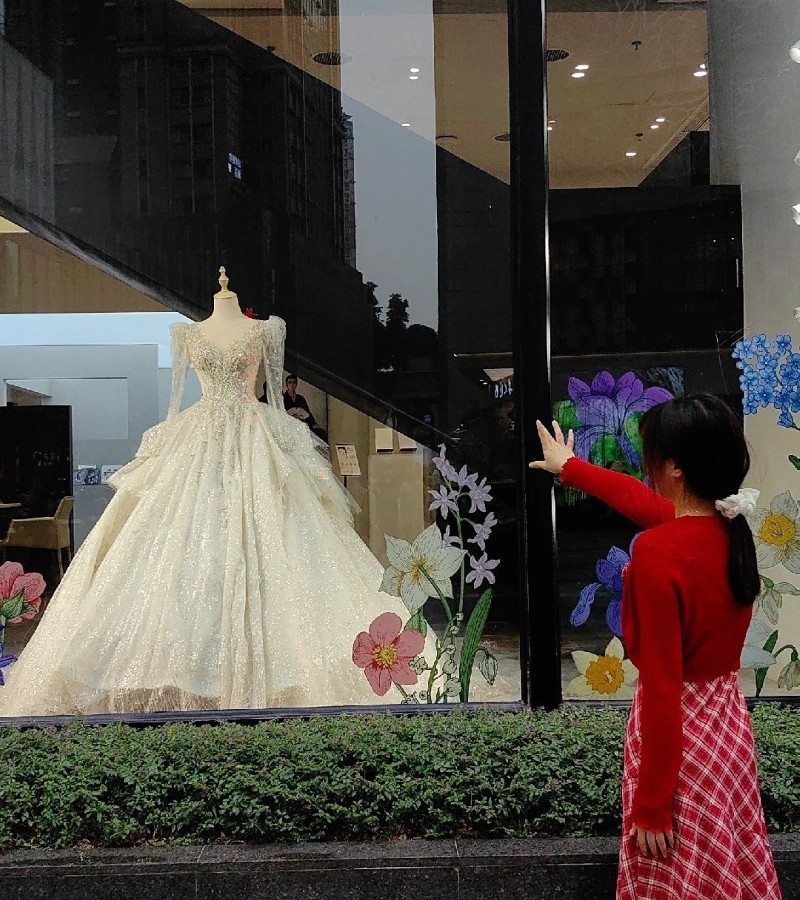 ảnh đứng nhìn váy cưới buồn